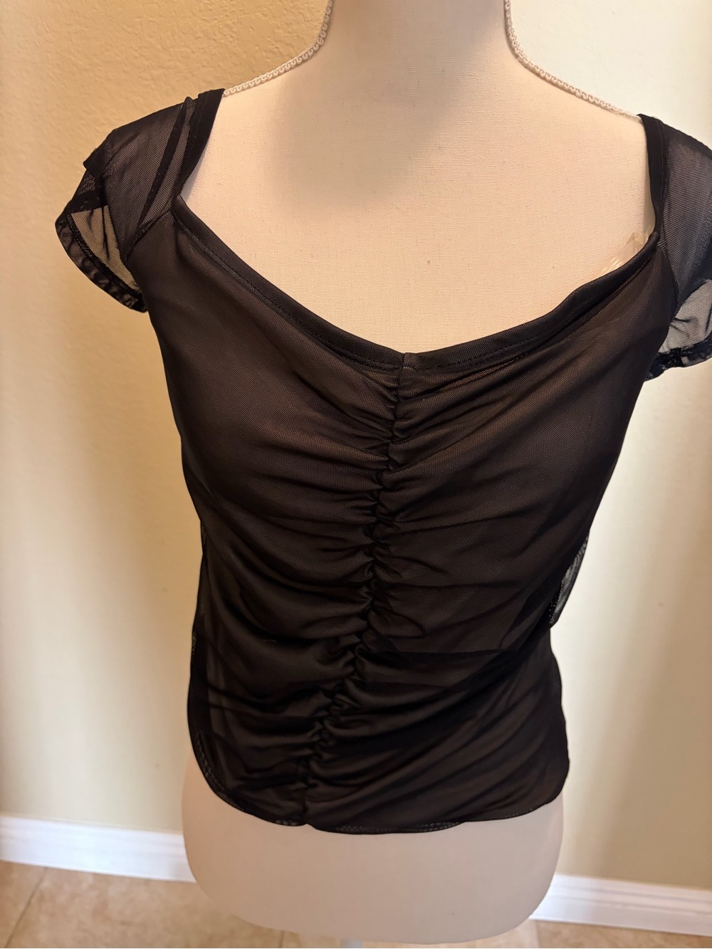 Guess Black Ruched Sheer Cap Sleeve Top